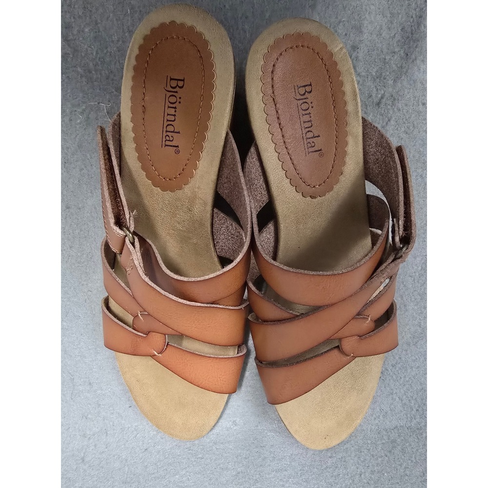 Bjorndal Mabel Brown Strappy Cork Wedge Sandals Womens 9 Hook Loop Strap - Picture 5 of 11